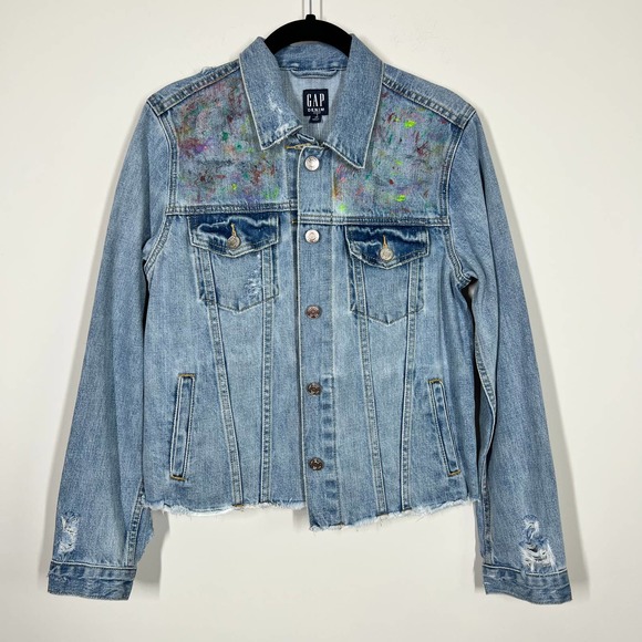 GAP Jackets & Blazers - GAP Denim Paint Splattered Distressed Cropped Jean Denim Jacket
